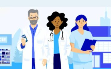 une illustration représentent trois professionnels de santé cote à cote, un homme et deux femmes