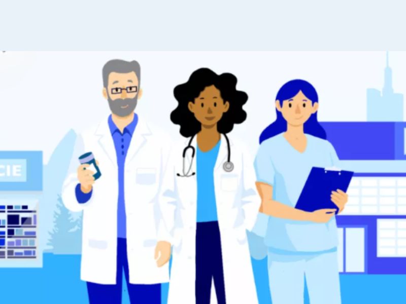 une illustration représentent trois professionnels de santé cote à cote, un homme et deux femmes